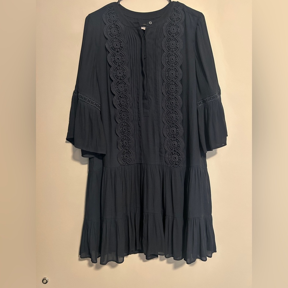 LOFT Navy Blue Dress Size 8 Crochet Wide Sleeves Boho Flattering Office Prairie
